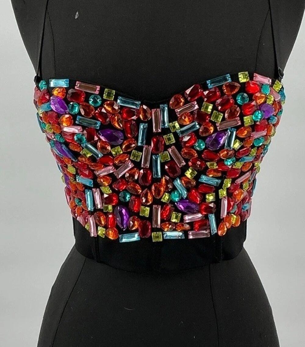 Multicolor Rhinestone Jeweled Bustier Corset Top M Fits S Detachable Straps